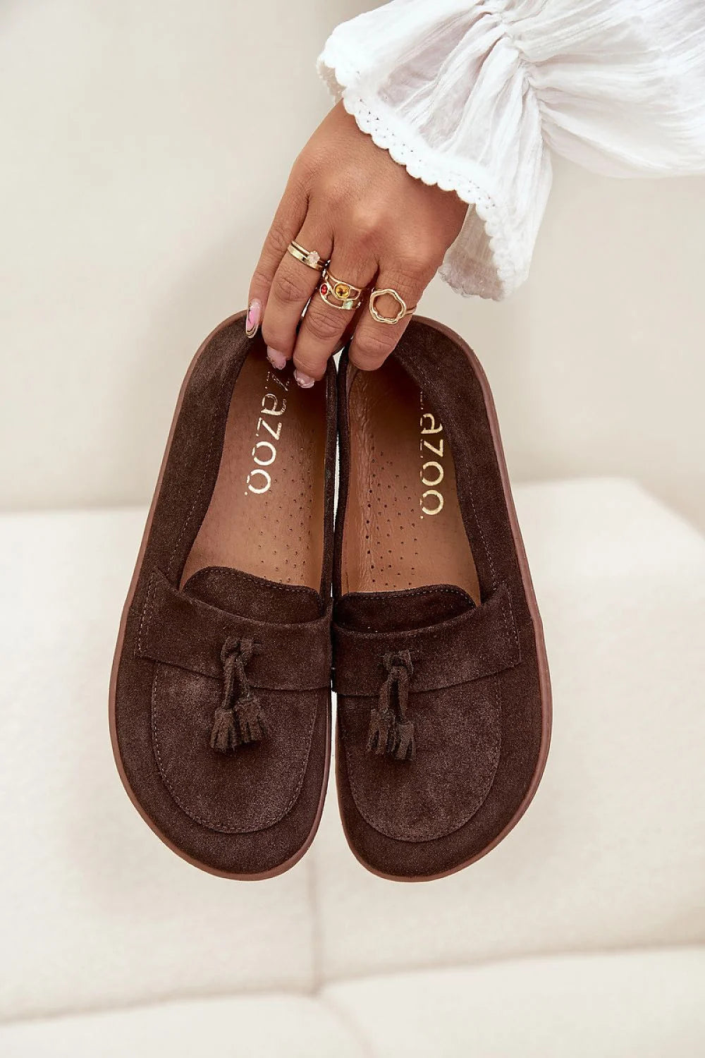 mocassins femmes pieds nus daim marron suédé pampilles franges slipon bout arrondi semelle caoutchouc plate talon bas surpiqûres confort léger