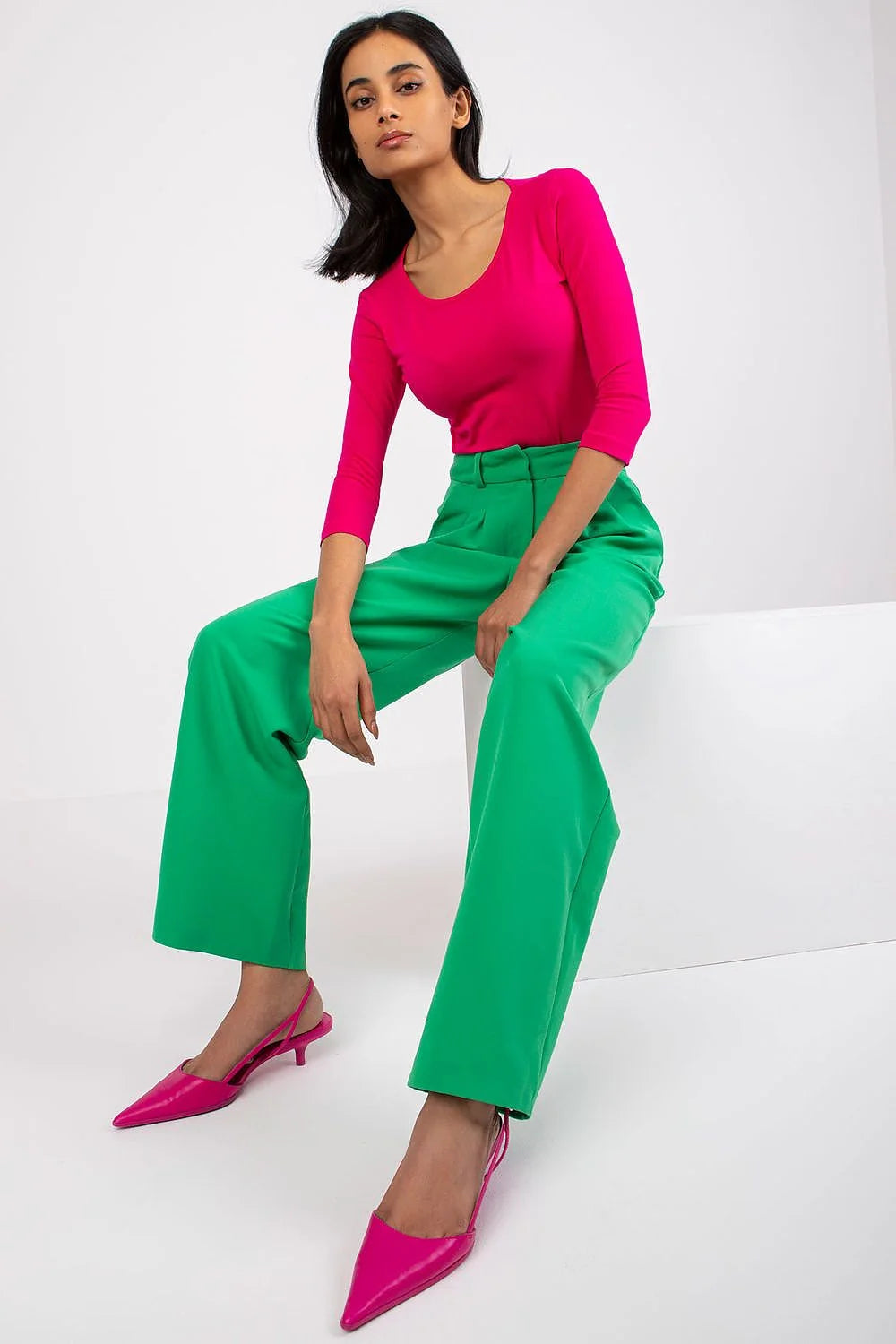 Chemisier ajusté pour femme en coton élasthanne manches 3/4 col rond rose vif taille L/M/S/XL XS