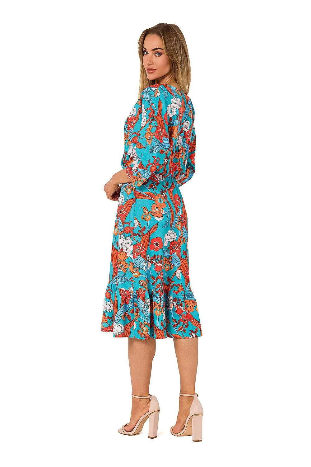 Robe estivale féminine midi en V cache-cœur manches 3/4 tissu fluide motifs floraux coloris turquoise femme