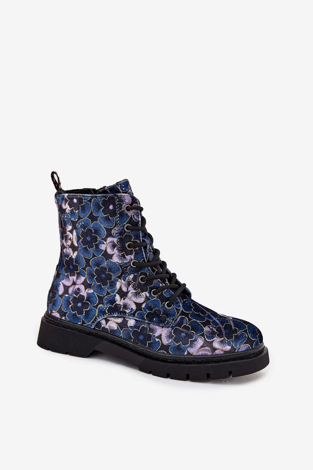 bottines femme montantes lacets jacquard velours floral bleu violet doré œillets métalliques semelle crantée caoutchouc talon plat doublure chaude confortable