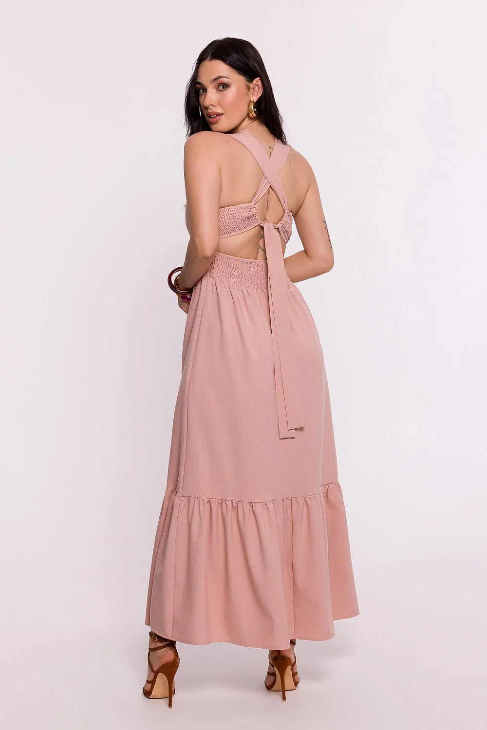 Robe de jour élégante longue sans manches rose poudré col rond taille ajustable volants femmes