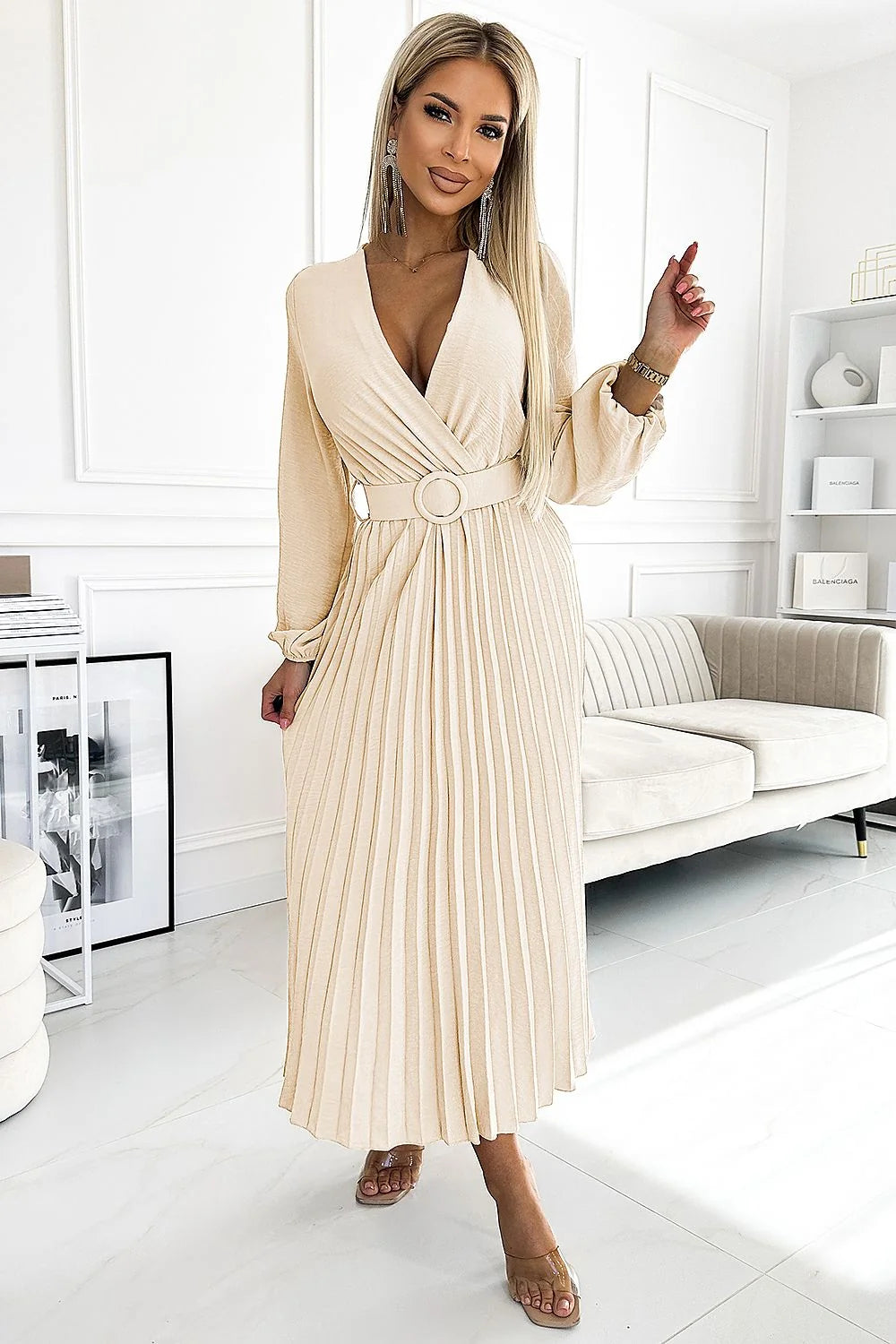 Robe de cocktail élégante longue manches longues ceinture intégrée beige clair polyester femmes occasionnels