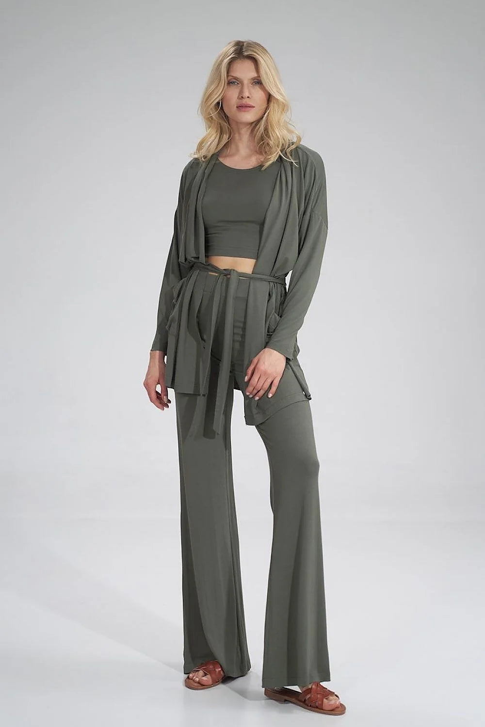 Ensemble kimono et top court en coton modal gris clair confortable style décontracté pour femmes