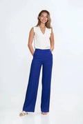 Pantalon long ajusté pour femme en rayonne et lin, coupe bootcut, taille haute, fermeture éclair, couleur bleu vif, occasion bureau, confort et style