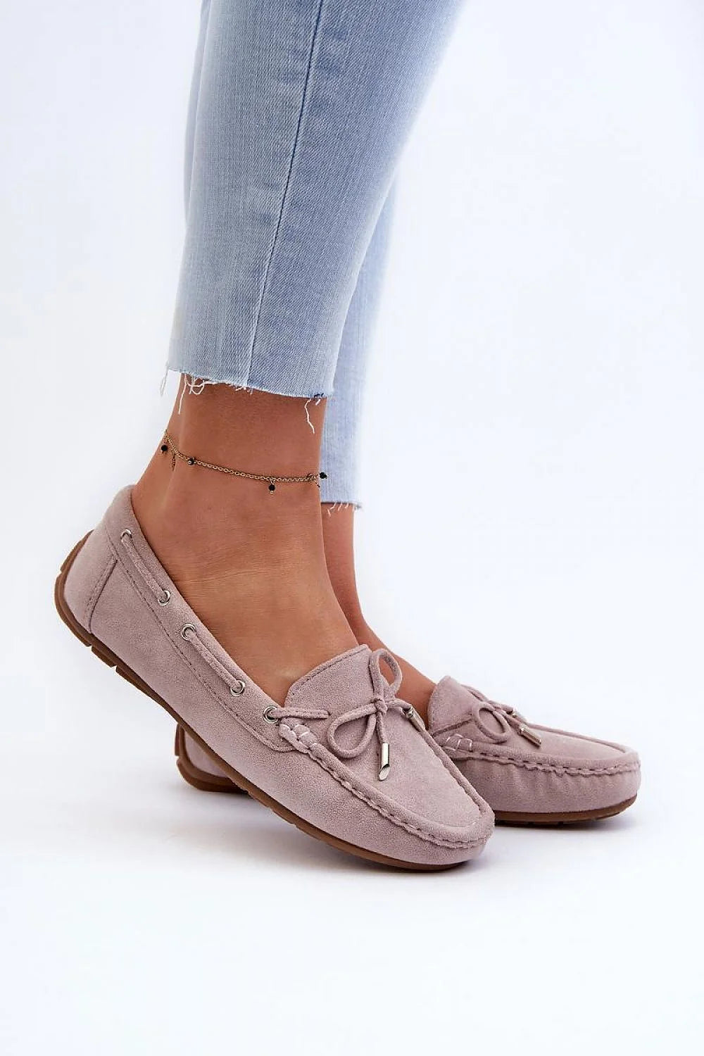 Mocassins pour femmes style classique élégant rose pâle éco-suède nœud décoratif semelle antidérapante confortable coupe basse