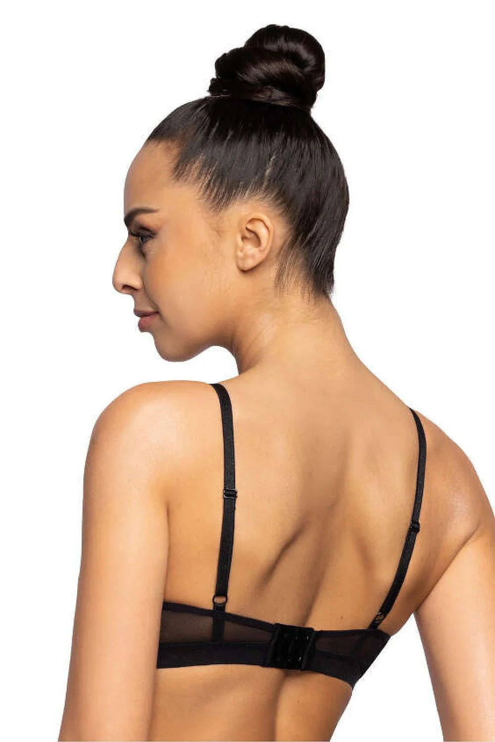 Soutien-gorge féminin moderne et délicat en maille noire transparente sans armature, style bralette sexy et minimaliste pour quotidien ou occasion spéciale