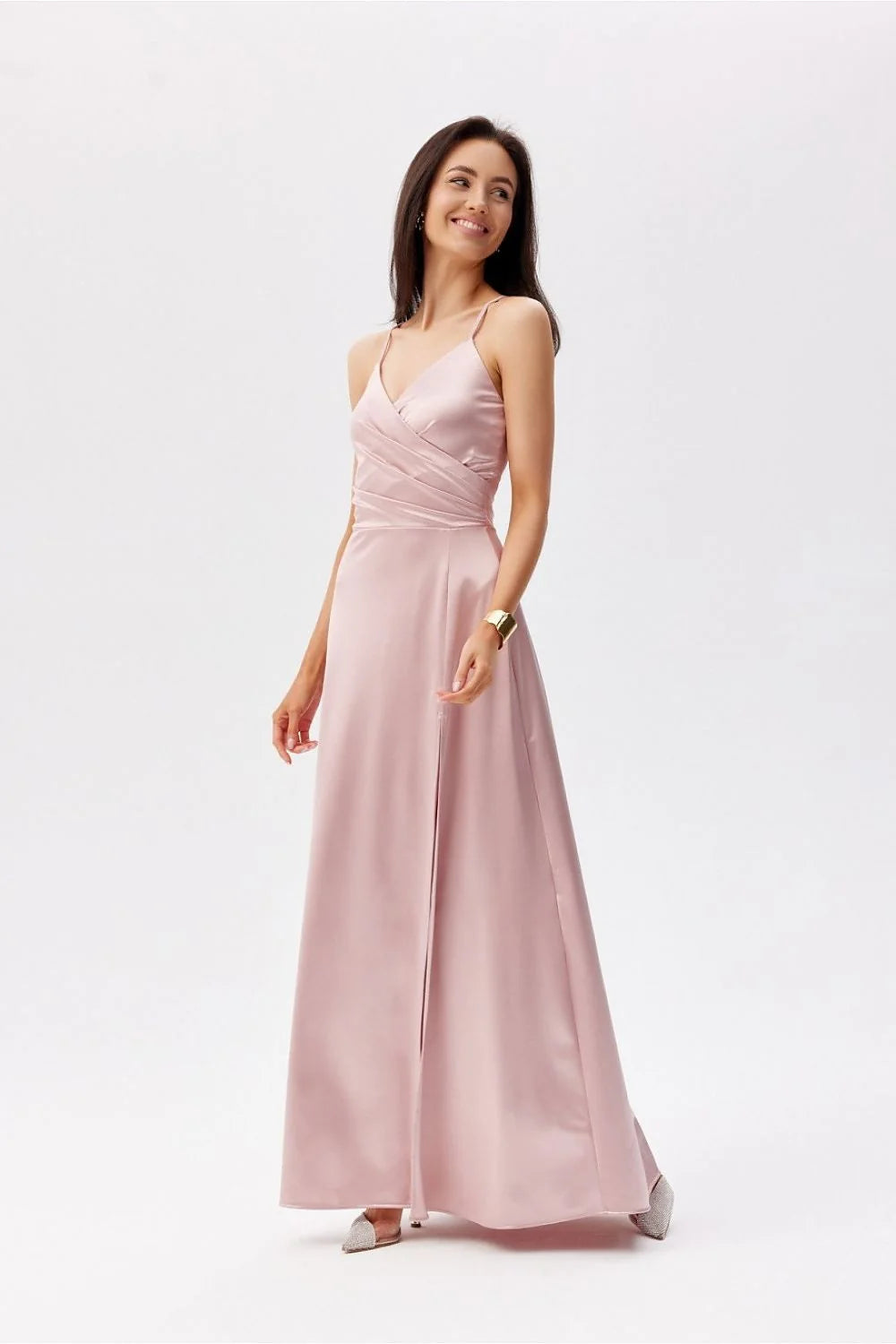 Robe de soirée élégante longue bretelles fines dos croisé fente côté couleur rose pastel polyester elasthanne femmes taille ajustable 34-42