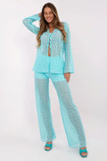 ensemble dentelle turquoise ajouré maille légère transparent manches longues décolleté V coupe droite taille élastique pantalon poches latérales