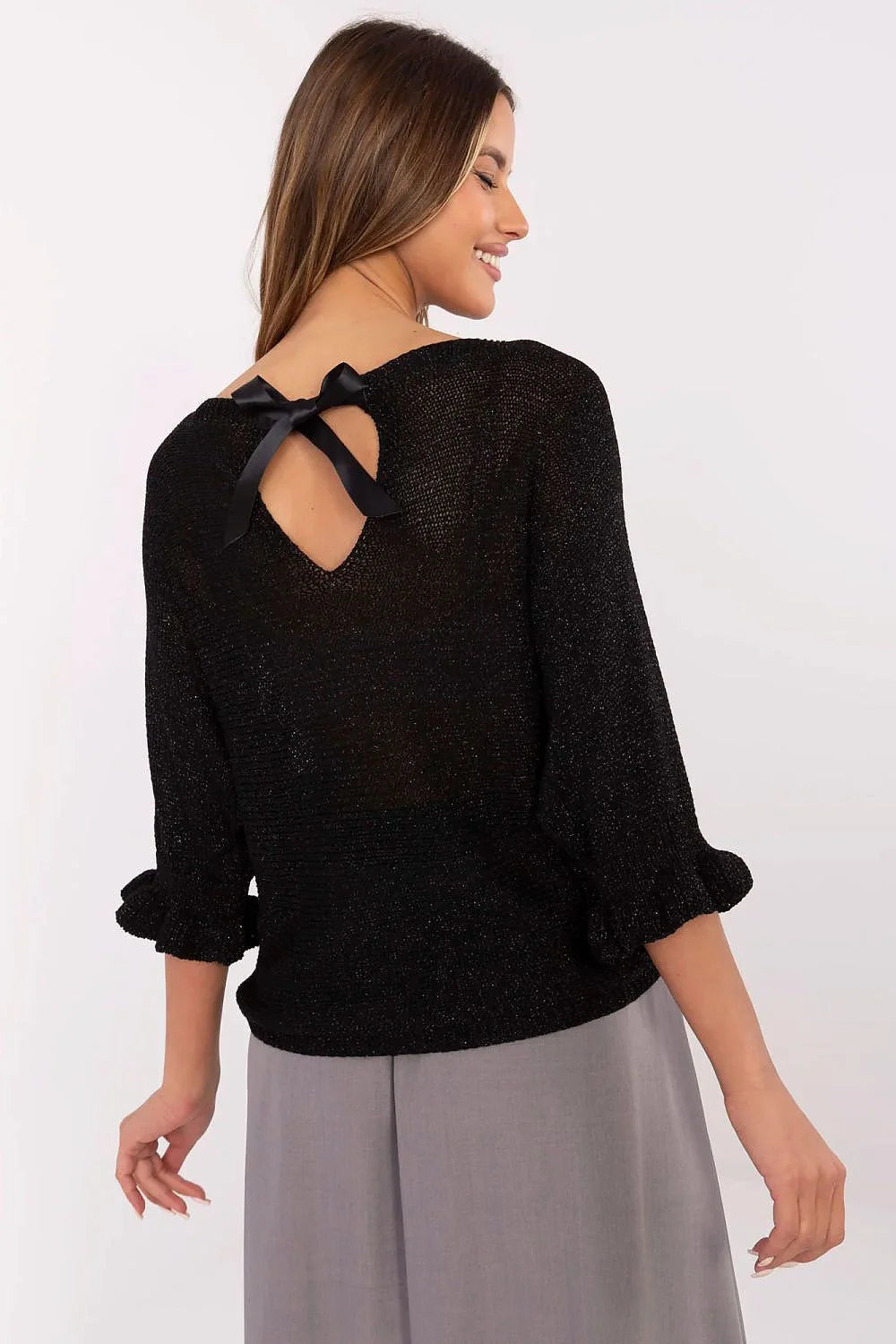 Chandail Italy Moda pour femme, haut élégant et décontracté en viscose, fibre métallisée, manches 3/4 froncées, encolure ronde, style italien