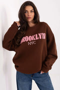 sweatshirt femme oversize marron chocolat col rond manches longues molleton épais grand logo BROOKLYN NYC appliqué bouclette rose
