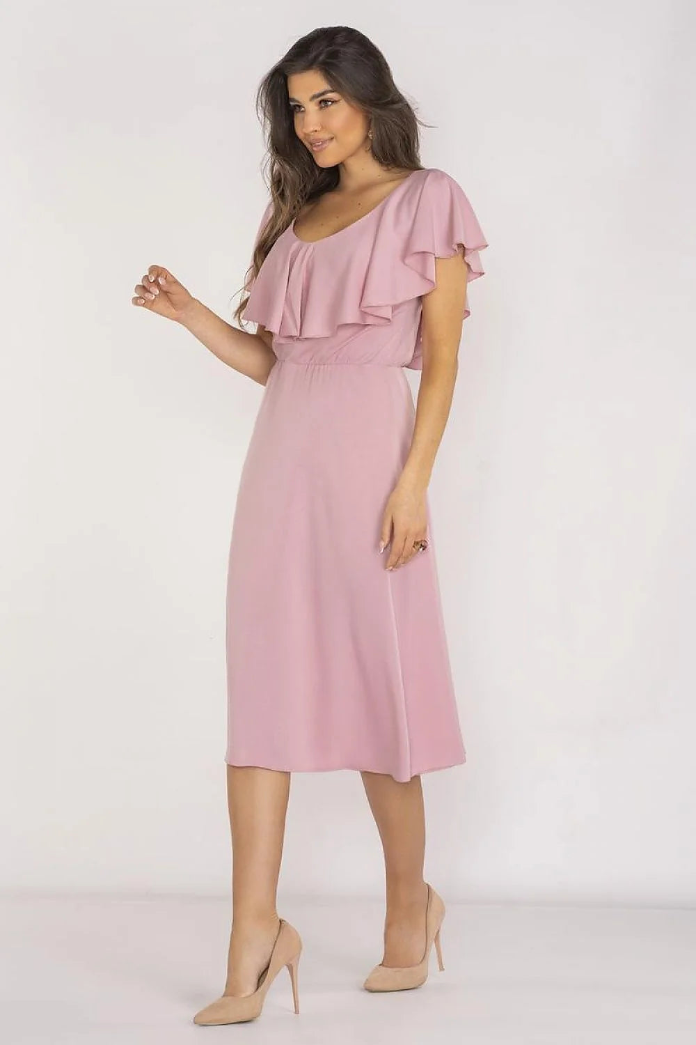 Robe de jour élégante awama en viscose élasthanne manches courtes encolure ronde dos zip tailleur ajustable femmes