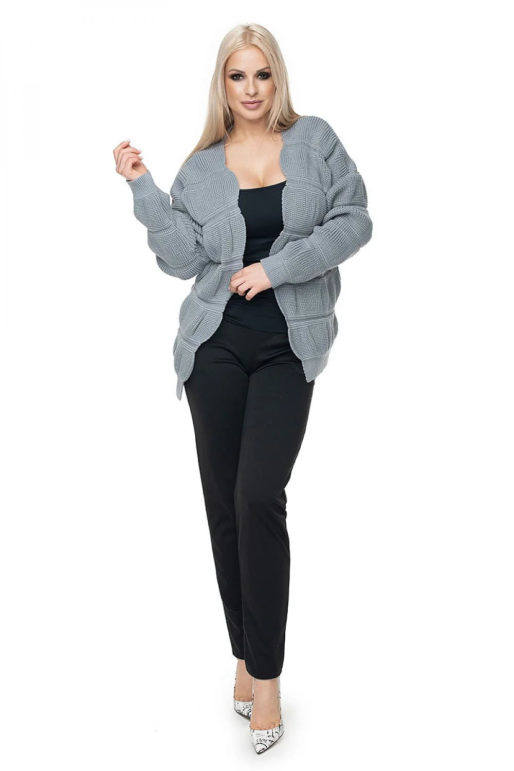 Cardigan Pee Ka Boo pour femme motif unique manches longues maille grise acrylique 100% coupe droite sans fermeture
