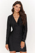 Robe de soirée élégante noire manches longues décolleté V profond taille ajustée femme occasion spéciale soirée mariage