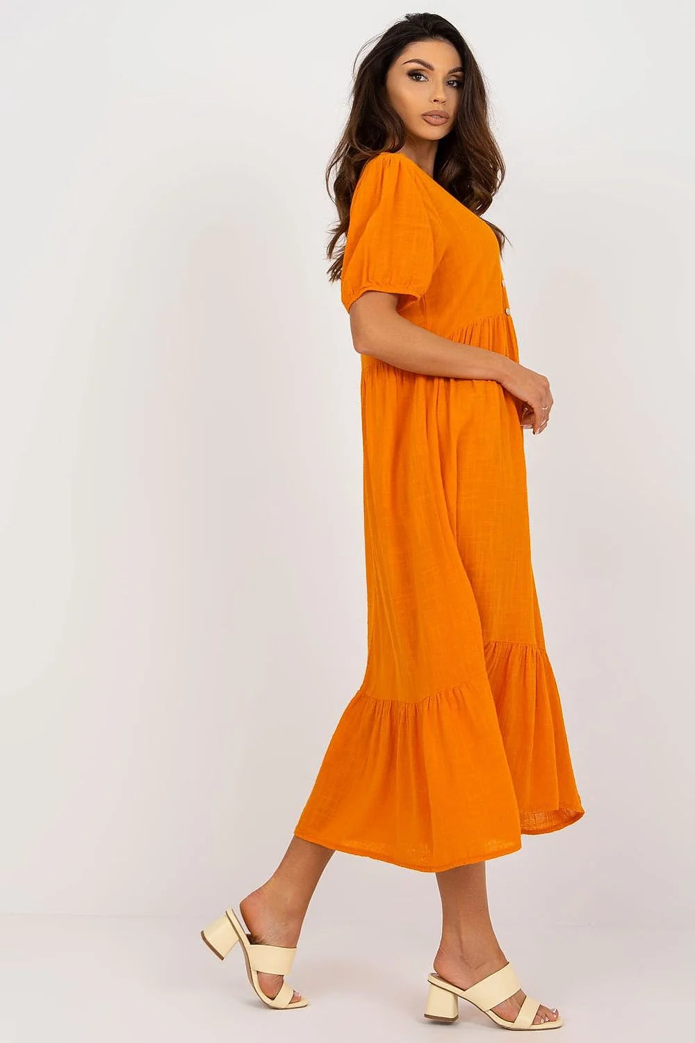 Robe de jour Och Bella couleur orange vif coton 100% style bohème-chic manches courtes en V femme été