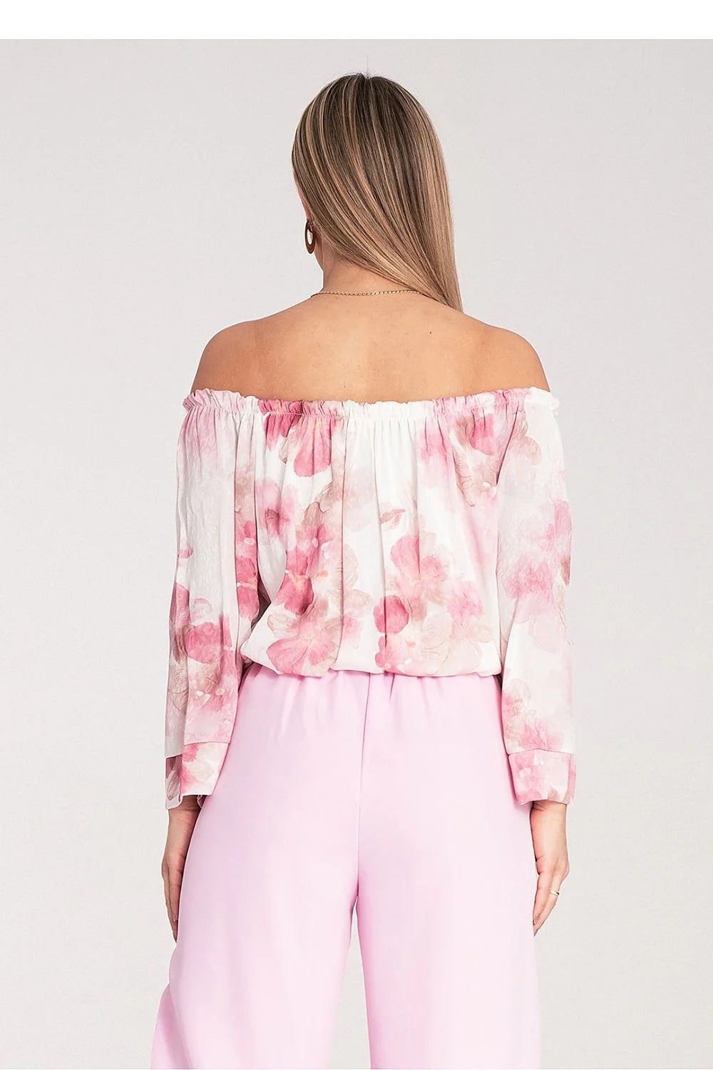 chemisier espagnol ample encolure large épaules dénudées manches trois quarts poignet fin doublure viscose polyester imprimé floral rose blanc romantique