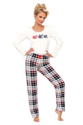 Pyjama femme festif HO HO HO motif cerf lainage coton manches longues col rond pantalon carreaux élastique