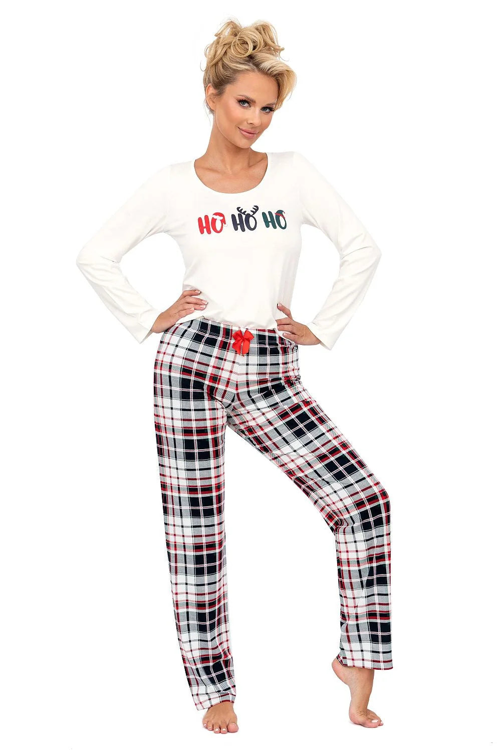 Pyjama femme festif HO HO HO motif cerf lainage coton manches longues col rond pantalon carreaux élastique