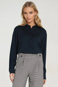 chemisier femme oversize viscose légère confortable col mao manches longues poignets boutonnés boutonnage caché coupe fluide bleu marine