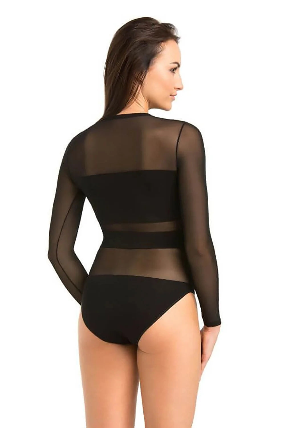 Body femme en maille transparente et viscose longues manches fermeture crochets buste opaque taille ajustable