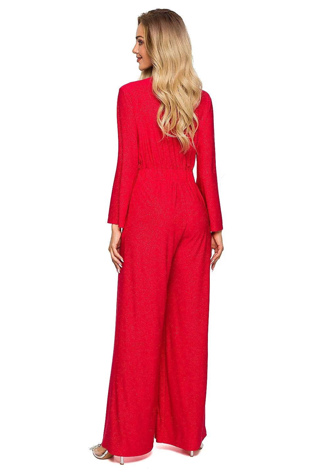 Combinaison élégante pour femme style sophistiqué vert pailleté manches longues évasées ceinture intégrée sandales talons hauts