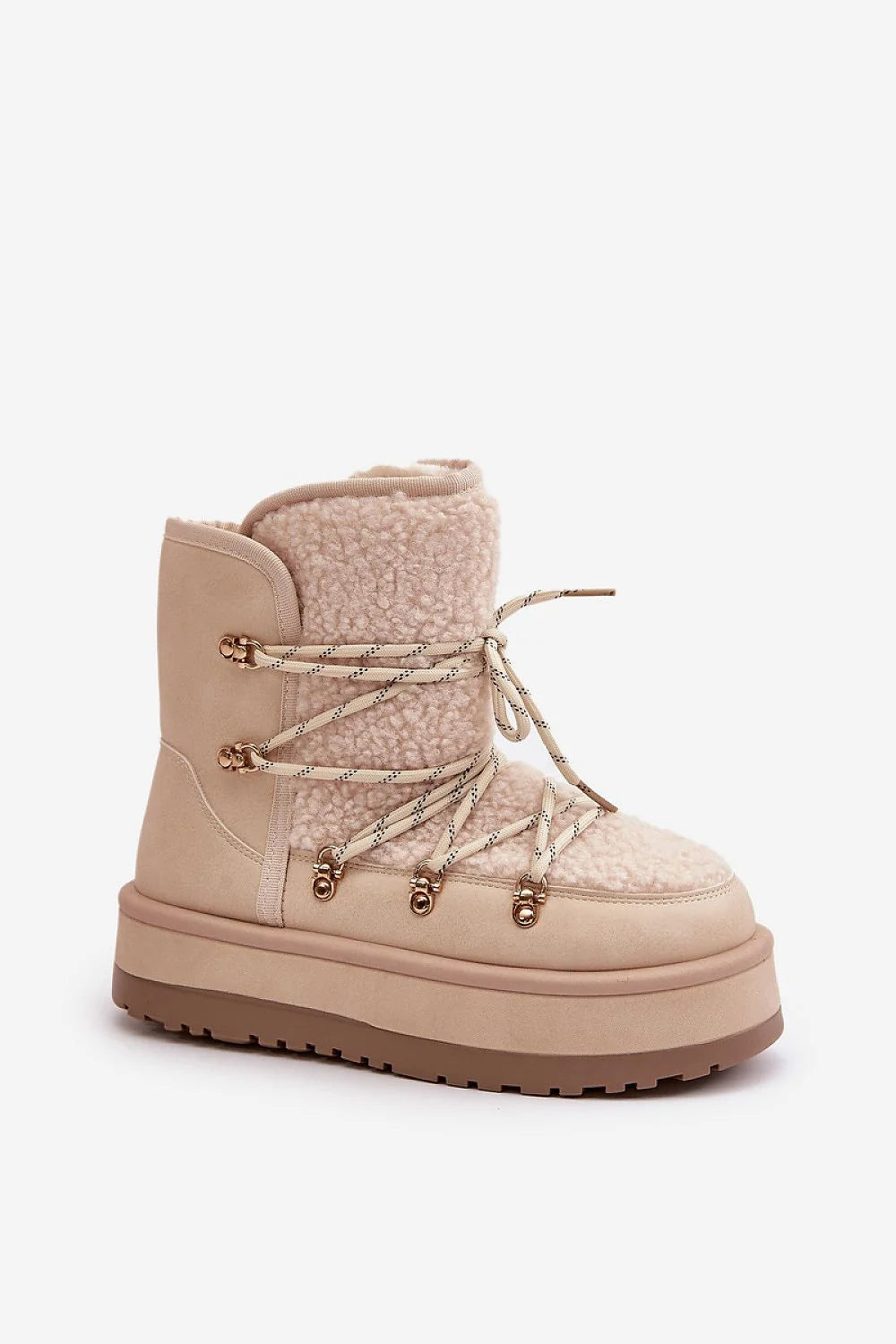bottes neige femme modernes suédine beige doublure sherpa chaude plateforme massive crampons antidérapante lacets tressés œillets dorés semelle caoutchouc