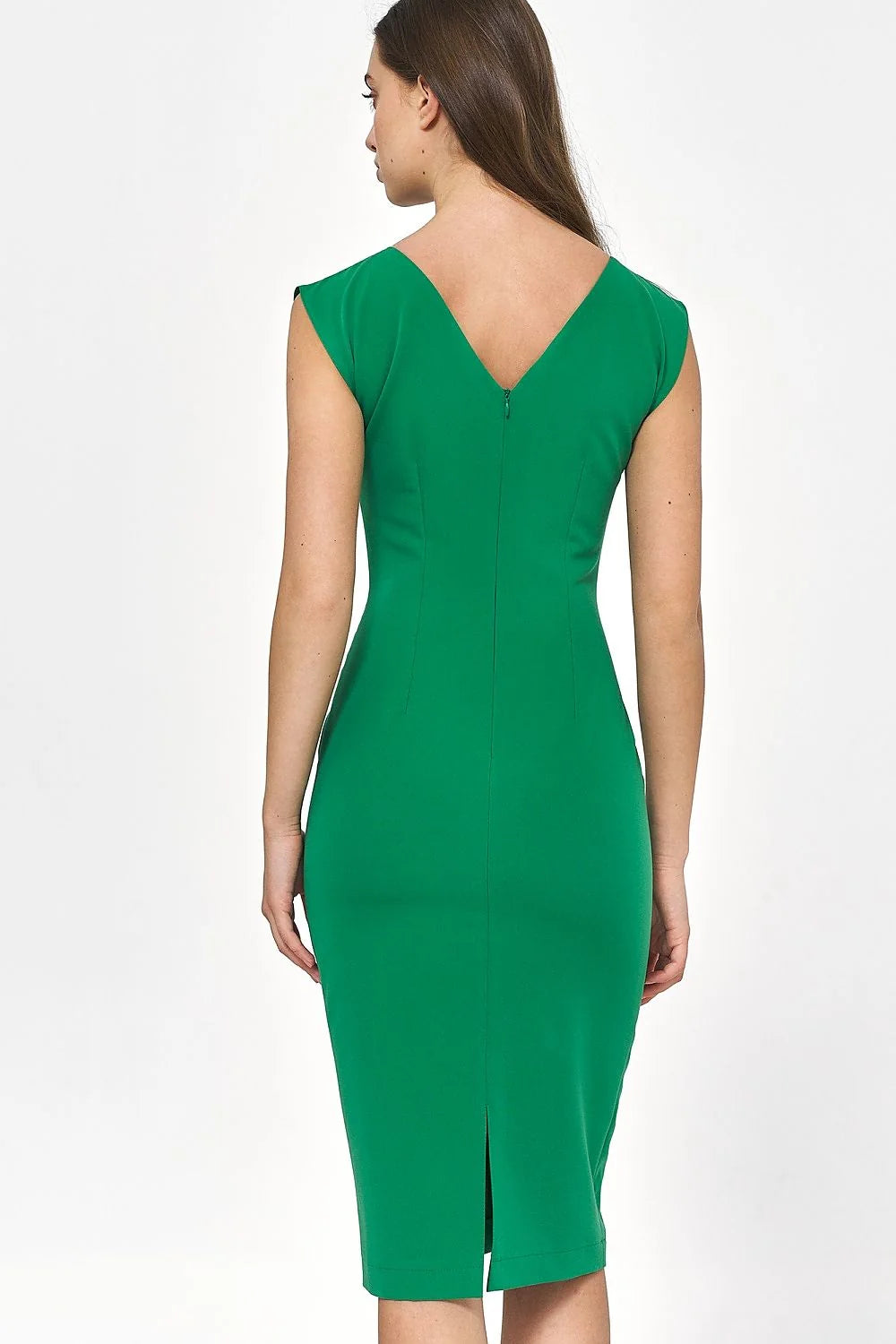 Robe élégante coupe fourreau vert vif sans manches épaules structurées tissu élastique genoux taille ajustable femme