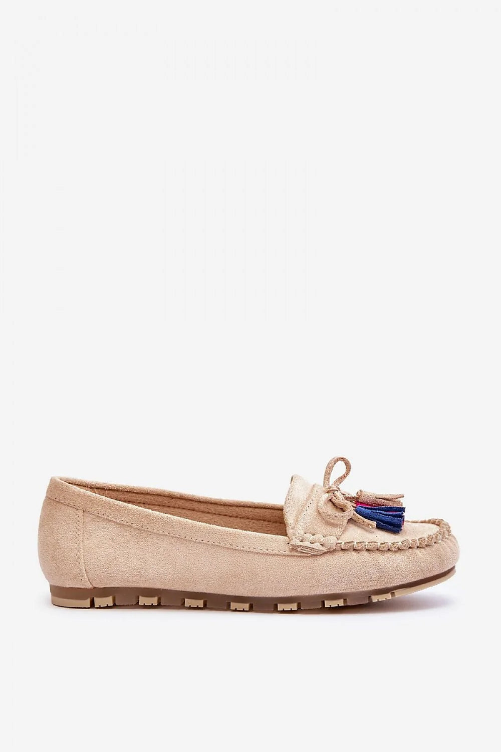 mocassins femme ecosuede beige pompons multicolores bleu fuchsia rouge slipon semelle plate crantée antidérapante cuir intérieur rembourrée confortable