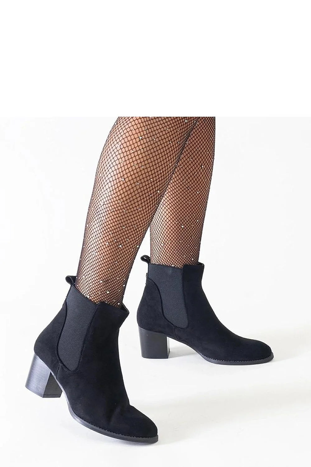 Bottines noires à talon moyen en éco-daim design élégant coupe cheville talon carré inserts élastiques femme