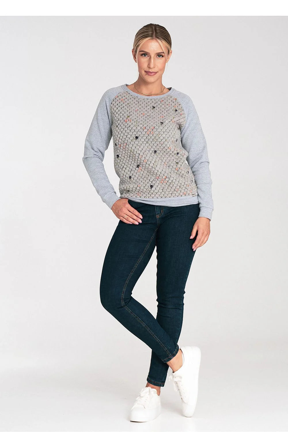 sweatshirt femme Figl coton stretch raglan manches longues maille bouclée texturée popcorn gris bleu marine corail coupe ample col rond
