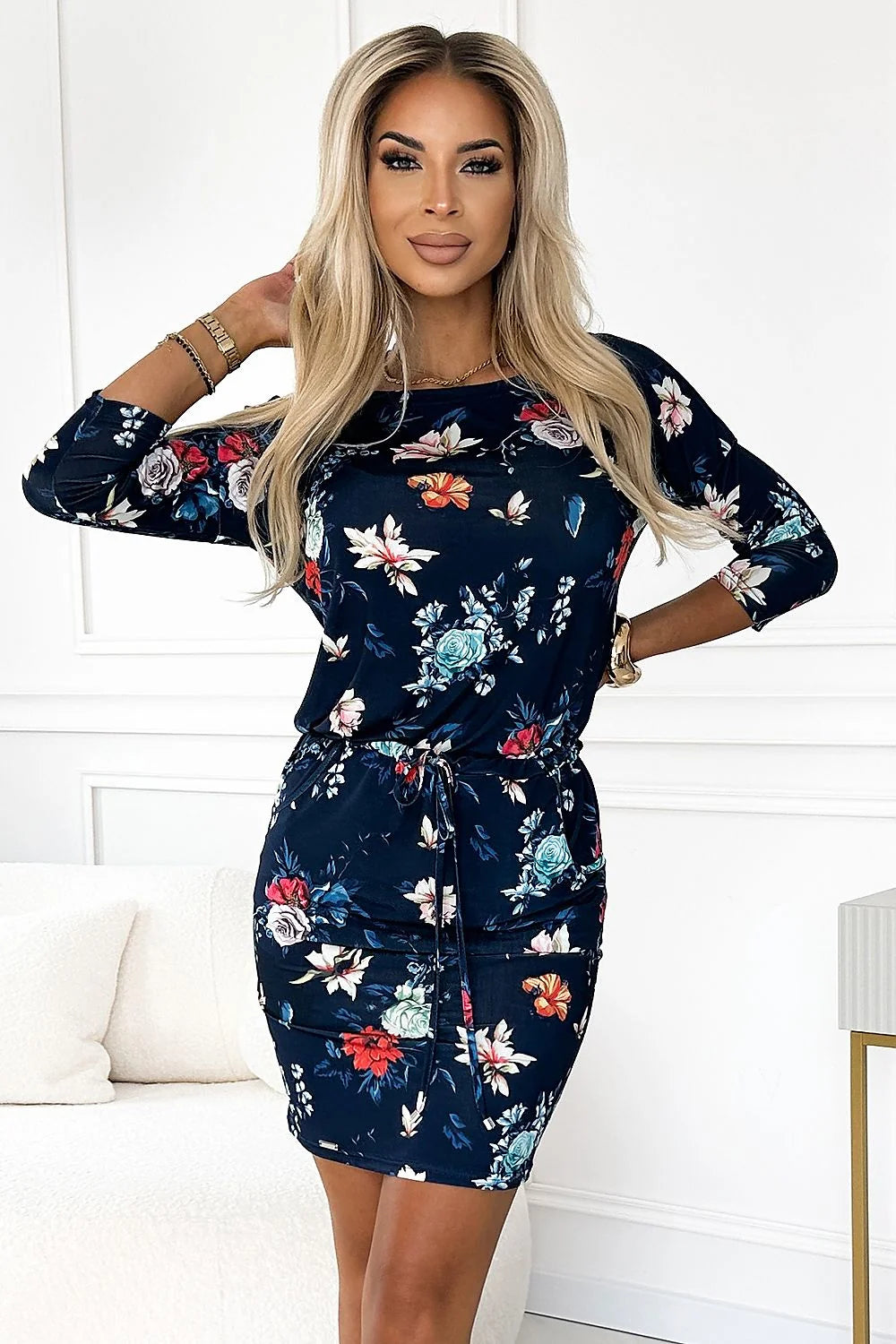 Robe de jour élégante Numoco en polyester et élasthanne, manches 3/4, ceinture intégrée, taille ajustable, femmes