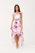 Robe de cocktail Roco Fashion en mousseline de soie imprimée floral asymétrique longue taille ajustable sans manches pour femme