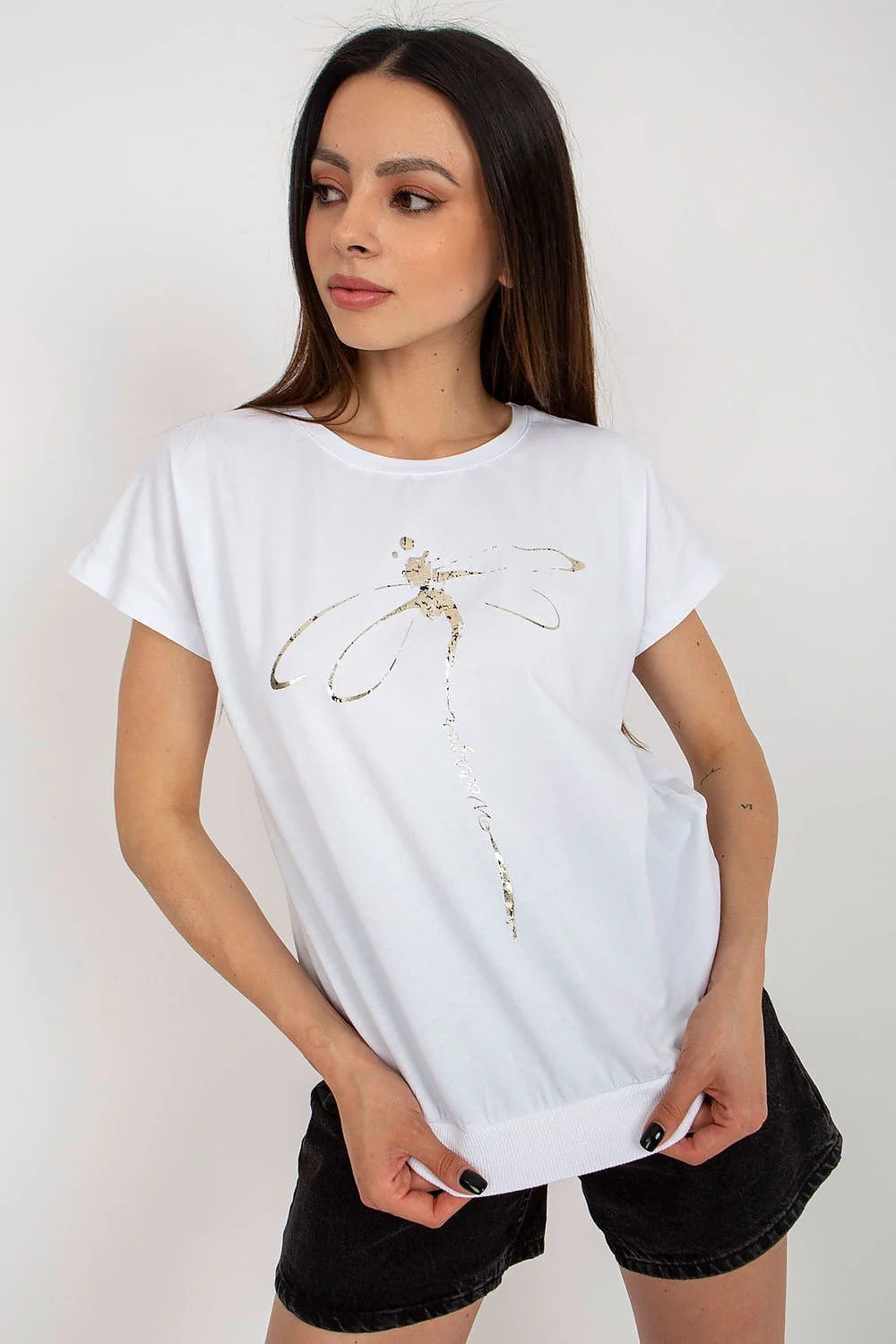 Chemisier en coton pour femmes style Parisien manches courtes encolure ronde motif doré tunique élégante décontractée polyvalente