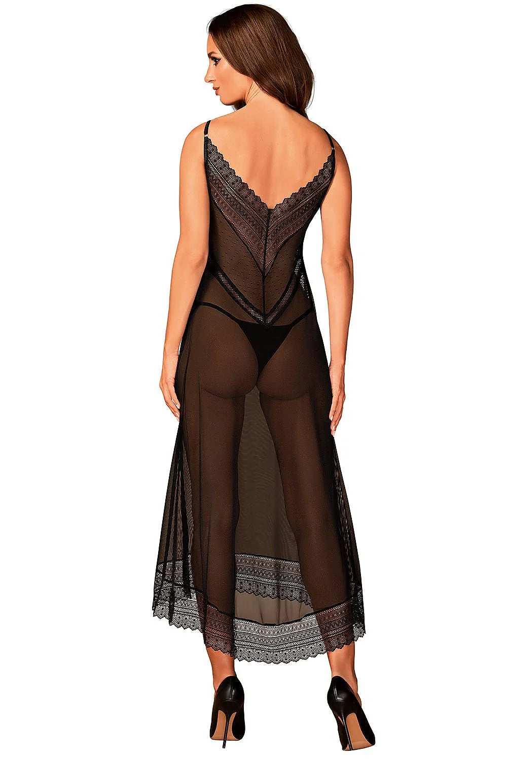 nuisette sexy longue asymétrique dentelle tulle noir épaules nues encolure V bretelles fines réglables taille empire