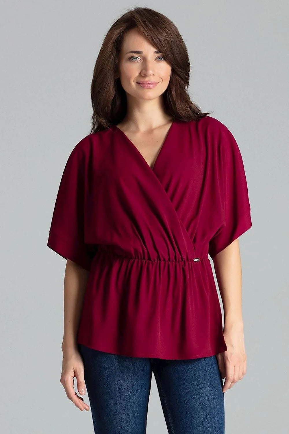 chemisier ample beige Lenitif manches kimono col V cachecoeur élégant tendance femme moderne fluide taille élastique fronces crêpe casualchic blousant