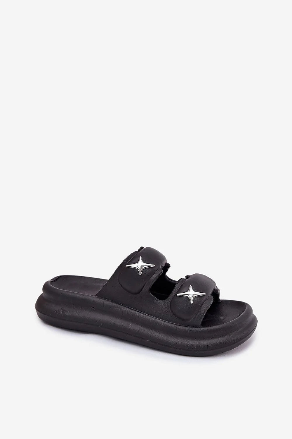 sandales femme noires plateforme 35mm compensées confortables rembourrées brides larges ajustables décorations étoiles métalliques coussinée semelle ergonomique similicuir mousse légères