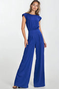 Combinaison électrique bleu élégante pour femme, deux pièces, coupe régulière, col bateau, épaules intégrées, pantalon large, matériau respirant, style moderne, vêtement mode, occasion多种, confort optimal, look sophistiqué, design qualité