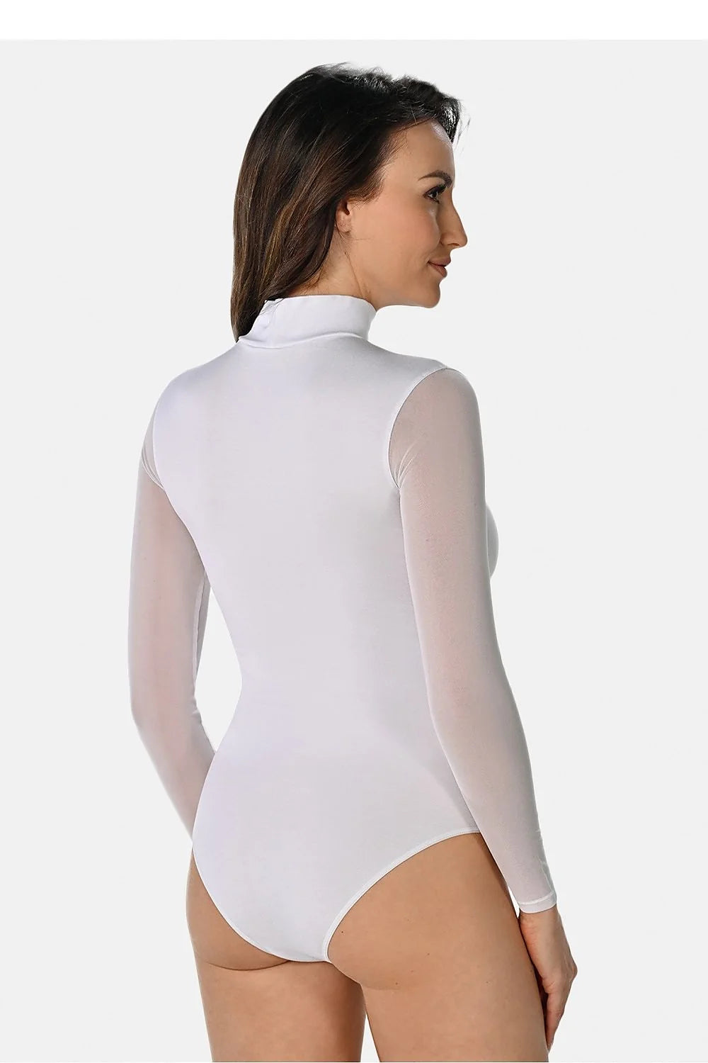 Body Teyli pour femme en blanc manches transparentes col montant coupe ajustée matière aérée élasthanne viscose