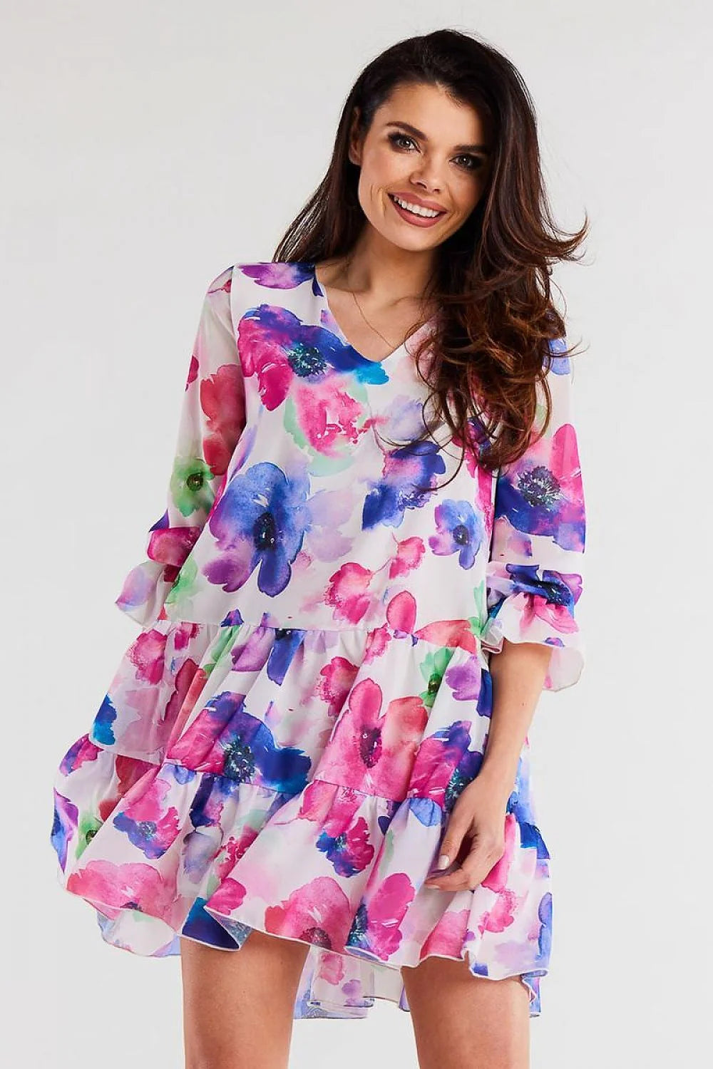Robe de jour féminine en mousseline de soie avec volants multicolores polyester 100% taille ajustable occasion printemps-été