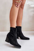 bottes talon bloc daim noir western broderies tonales cheville pointu effilée semelle fine confort stabilité fermeture éclair latérale bois foncé