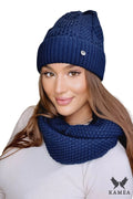 Bonnet en tricot laine Kamea bleu marine pour femmes, style moderne, coupe ajustée, logo métallique