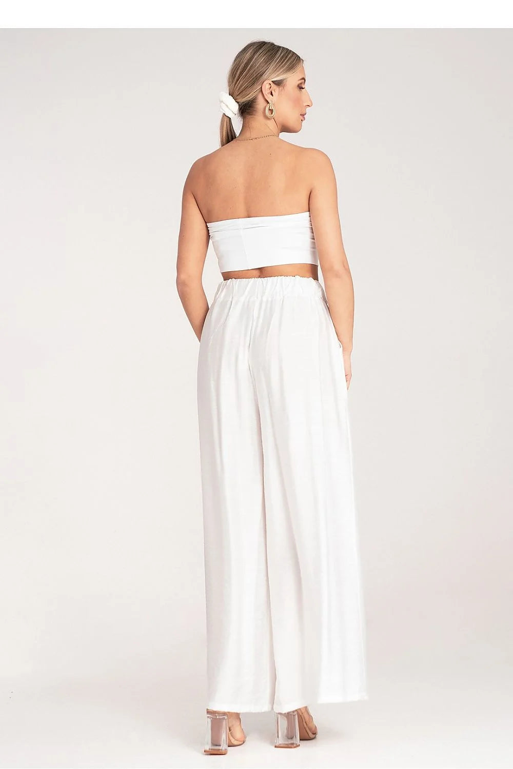 Ensemble deux pièces Femme Bustier sans bretelles Pantalon ample Taille haute Tissu léger Blanc pur Confort Élastique Épuré Mode Décontractée