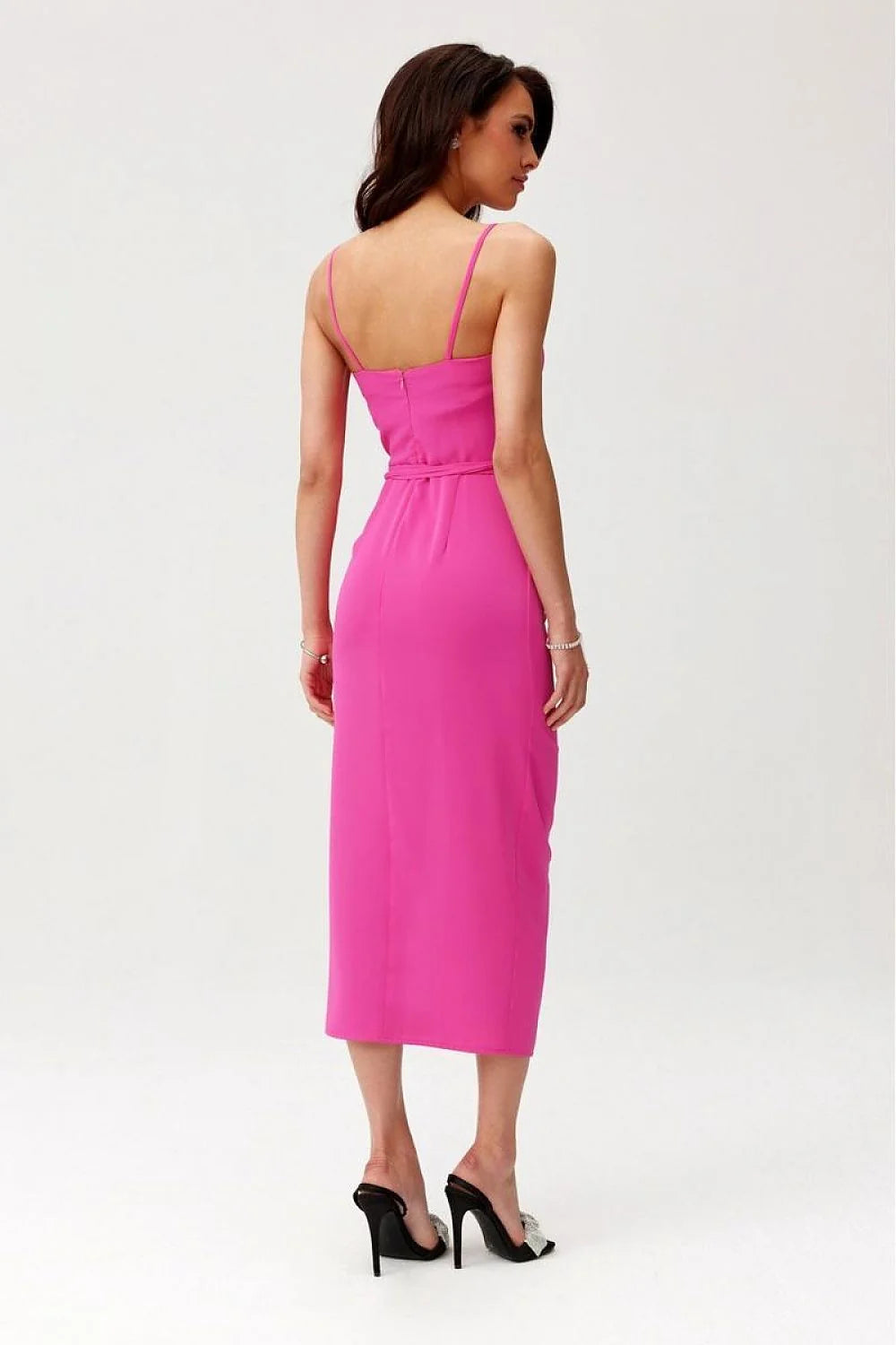 Robe de cocktail élégante longue sans manches dos nu rose fuchsia taille ajustée femme