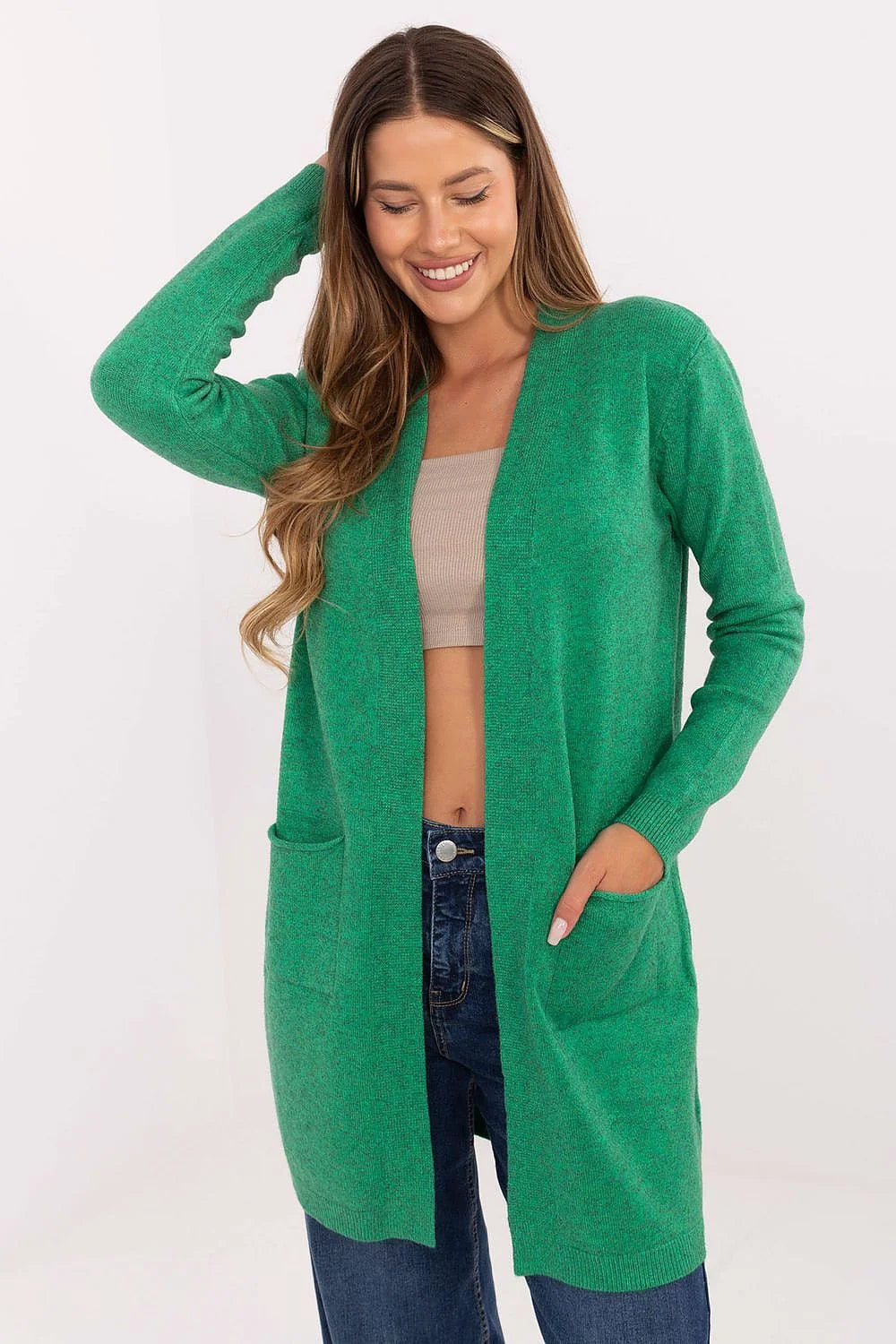 cardigan gilet long femme ouvert maille douce vert émeraude coupe droite mi cuisses manches longues poches plaquées bords côtes ourlet