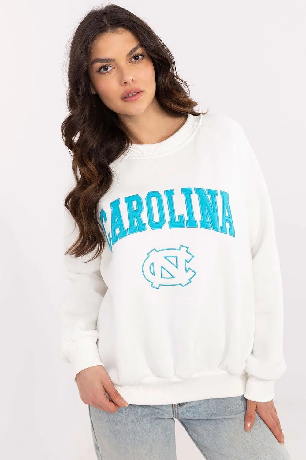 Sweatshirt Femme Casual Sportif Blanc Turquoise Logo Carolina Coton Polyester Relâché Col Rond Manches Longues Confort
