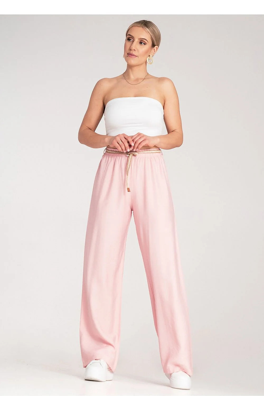 pantalon boho femme figl palazzo taille haute élastique ceinture tressée cordon doré viscose léger fluide jambes larges rose pastel
