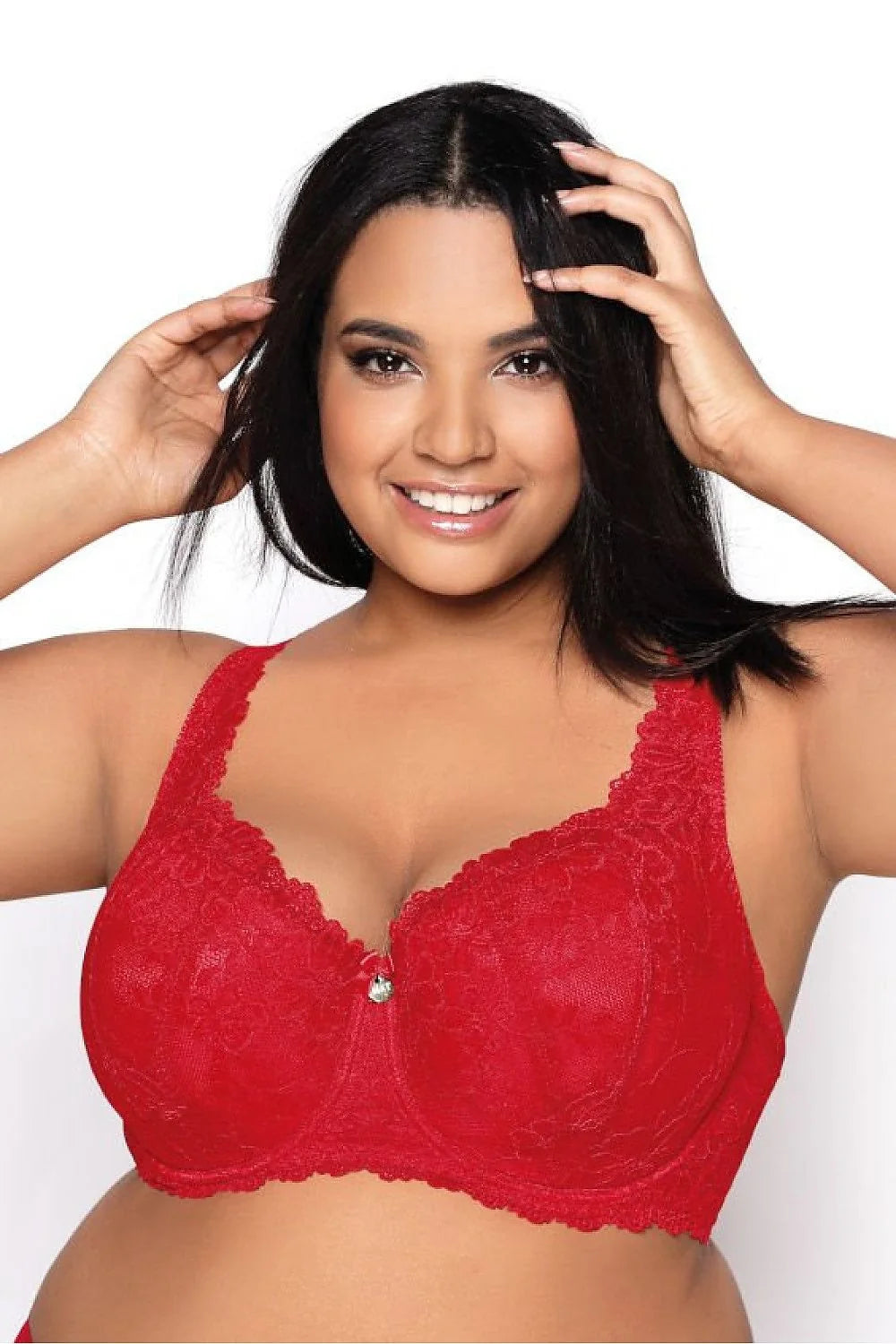 Soutien-gorge rembourré dentelle rouge floral tailles grandes maintien optimal bretelles larges fermeture dos bijou décoratif