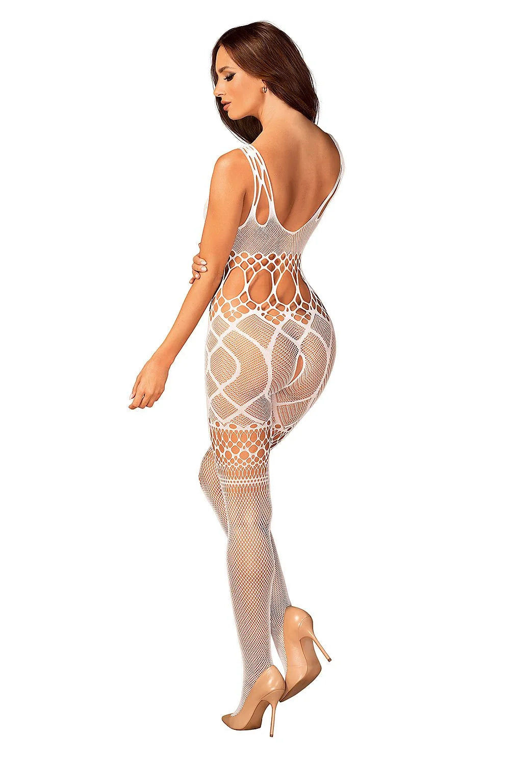 body résille blanc audacieux sexy femme intégral moulant stretch nylon élasthanne transparent ajouré motif ovale maille seconde peau