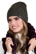 Bonnet féminin élégant style slouchy motif sapin sequins paillettes vert foncé laine mohair doublure intérieure hiver automne