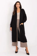 cardigan long femme duster maille noire épaisse moelleuse oversize ouvert manches longues poches plaquées côtelées poignets ourlet mi mollet chaud