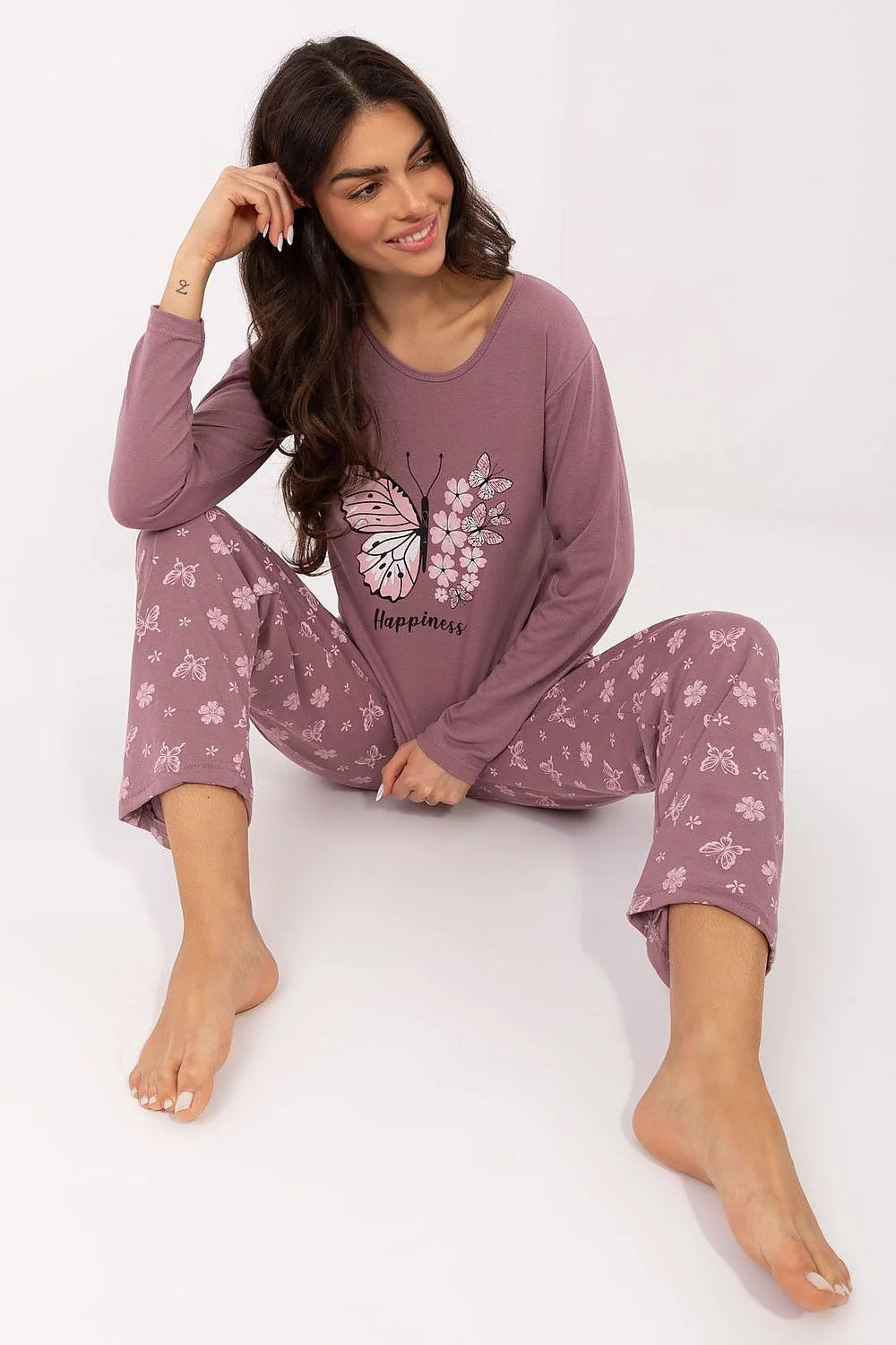 pyjama femme deux pièces jersey doux vieux rose mauve coupe ample encolure ronde manches longues taille élastiquée imprimé papillon fleurs